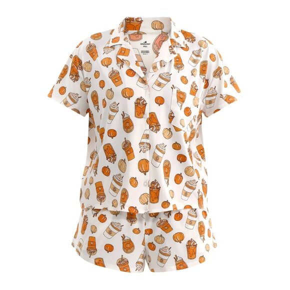 Womens Pumpkin Spice Print 2-Piece Pajama Set Medium 8-10 Top & Shorts - Picture 1 of 11